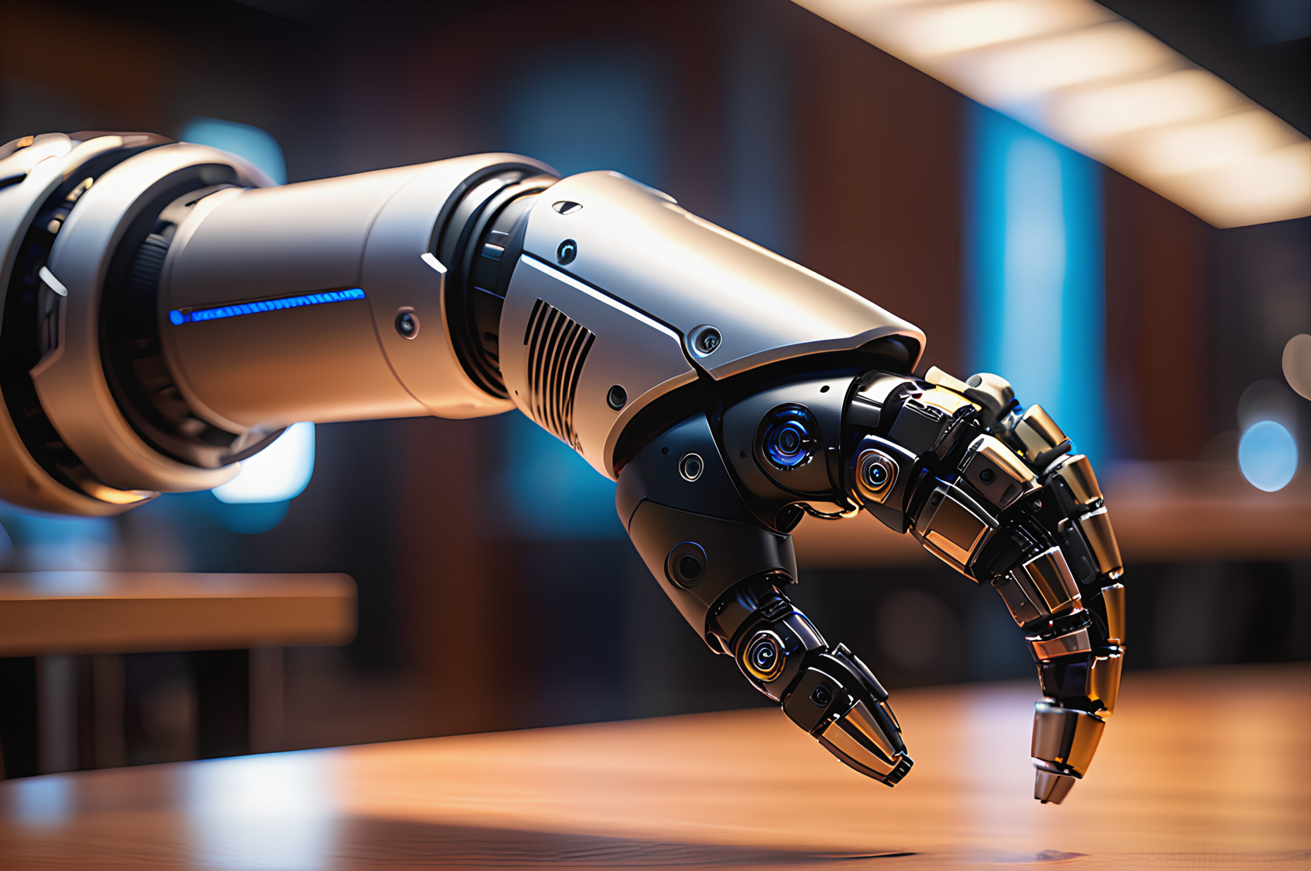 Bionic prosthetic arms are on a table.